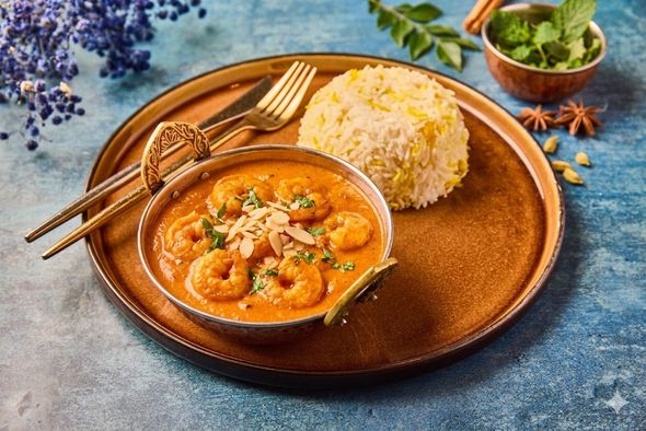 Curry de crevettes coco, riz citronné parfumé